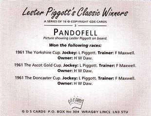 2000 GDS Cards Lester Piggott's Classic Winners #3 Pandofell Back